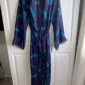Valerie Stevens Sheer Dressing Robe Women’s Large Feather Print Multi Colored